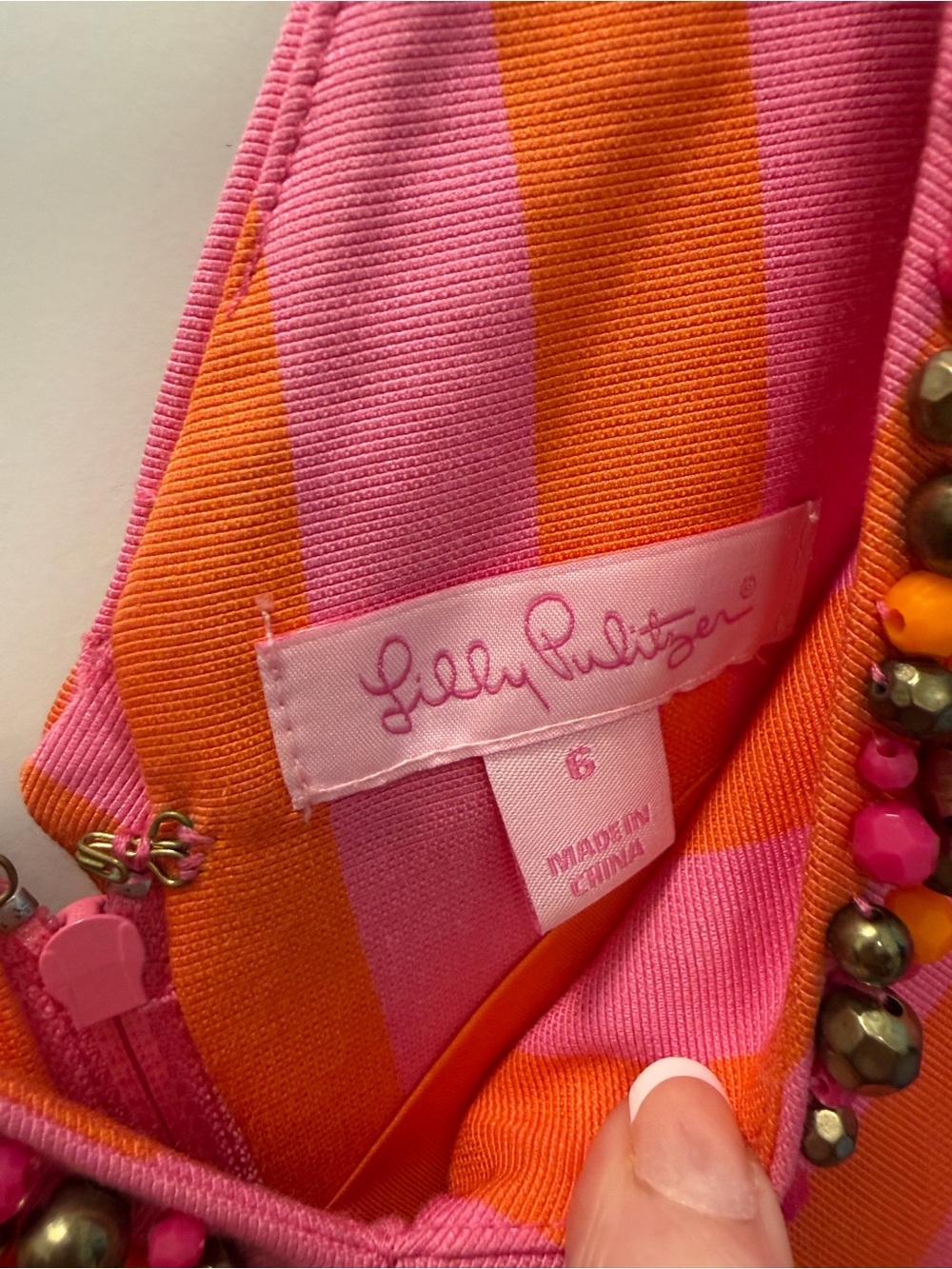 Lilly Pulitzer Pink and Orange Striped V-Neck Beaded Mini Dress - Picture 4 of 4